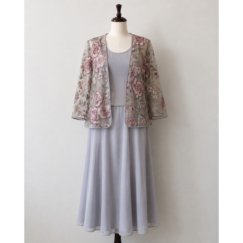 Alex Evenings Womens 3 Piece Set Floral Embroidered Jacket Camisole Skirt Gray M